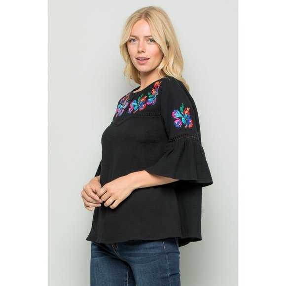 See and Be Seen Embroidered Bell Sleeve Top, Black - Picture 2 of 5